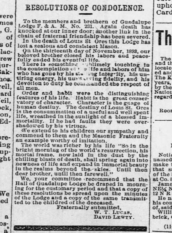 Louis st ores. Mason condolences 1893